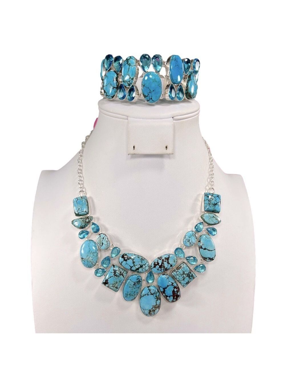Turquoise 925 Gemstone Large Necklace & bracelet set